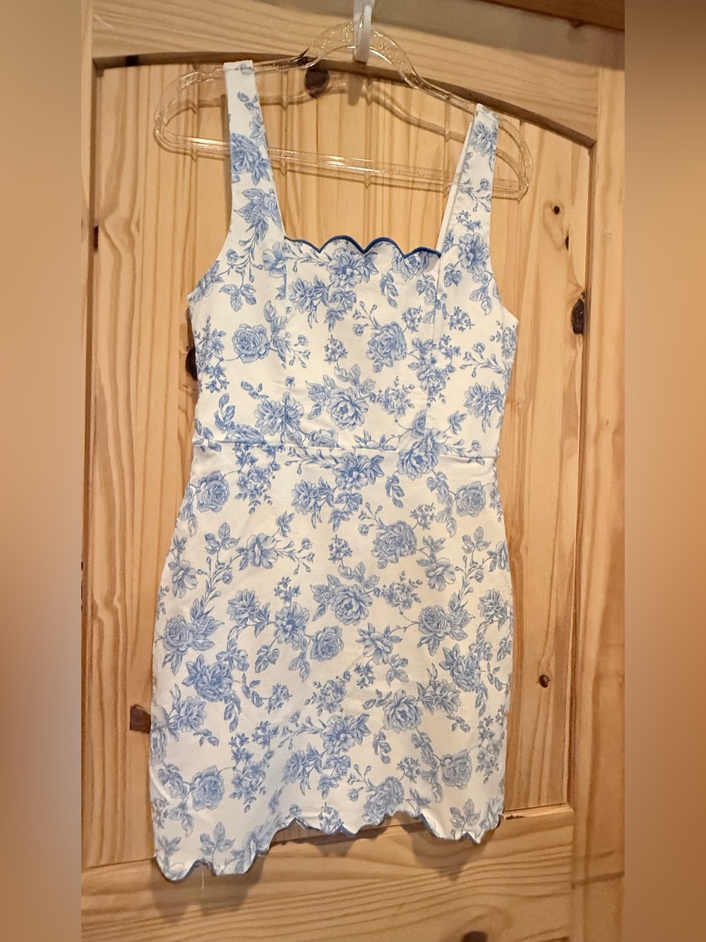Floral Scallop-Edge Mini Dress in Blue and White